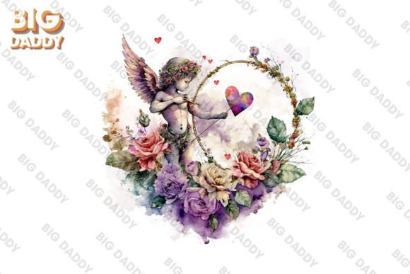 Cupid Watercolor Heart Valentine Clipart & Illustrations