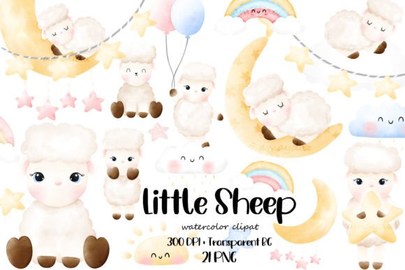 Cute Little Sheep Watercolor Set Illustrations