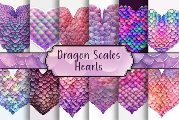 Dragon Scale Hearts Watercolor Set Illustrations