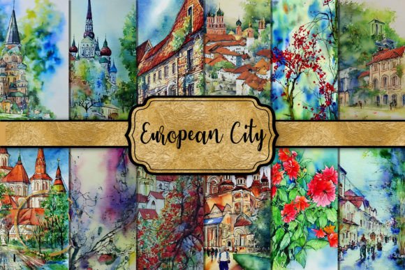 European City, Local Nature Watercolor Illustrations for Real Crafting