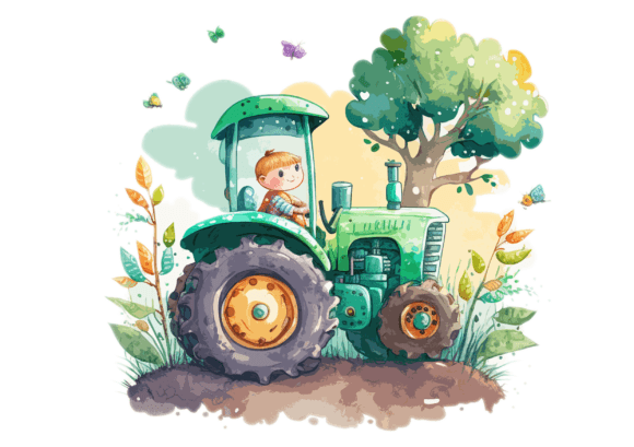 Green Tractor Watercolor Illustrations for Rustic Branding and Seasonal Design Projects