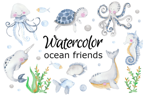Ocean Friends Watercolor Clipart & Illustrations