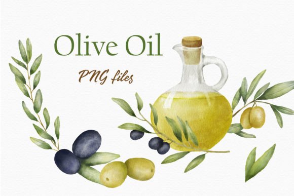 Olive Oil Bottle Watercolor Clipart Png & Illustrations