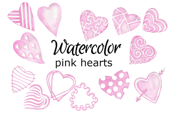 Pink Hearts Watercolor Clipart & Illustrations