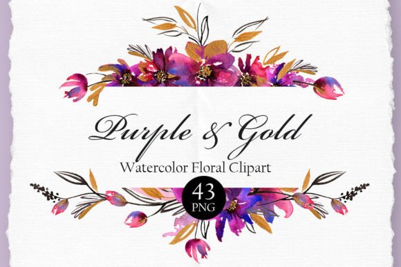 Purple and Gold Watercolor Clipart Illustrations