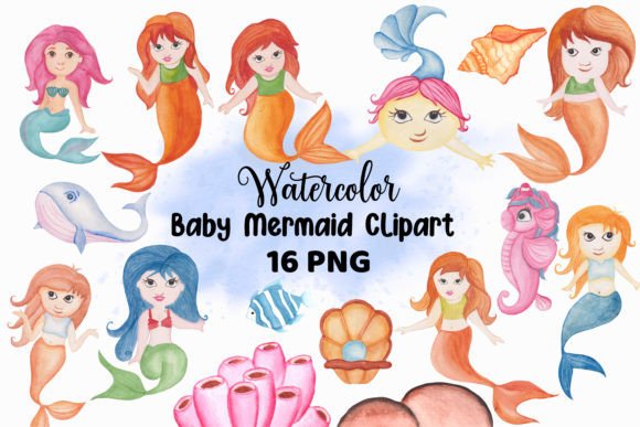 Watercolor Baby Mermaid Clipart & Illustrations