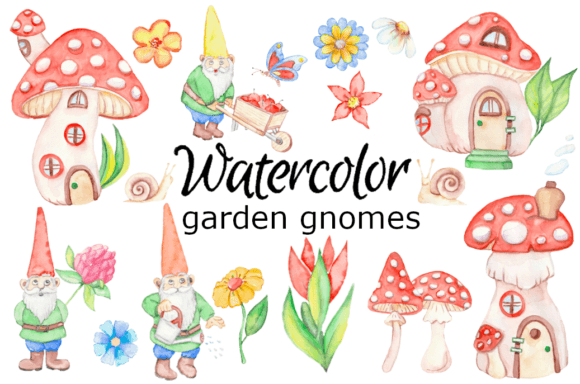 Watercolor Clipart Garden Gnomes Troll Illustrations for Branding