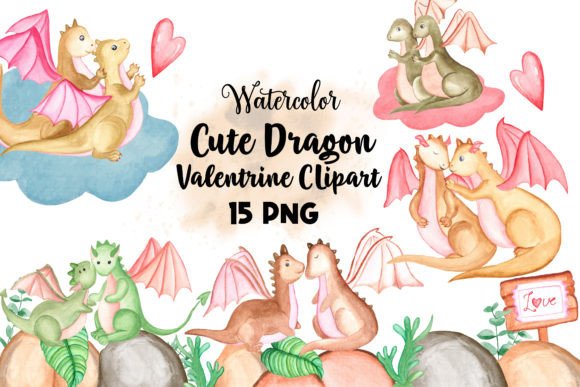Watercolor Dragon Valentine Clipart & Illustrations