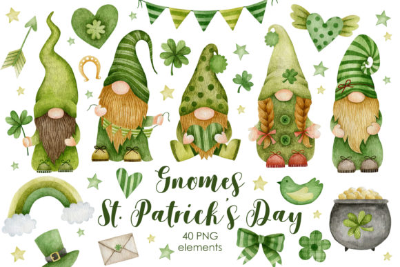 Watercolor Gnomes St. Patrick's Day Illustrations