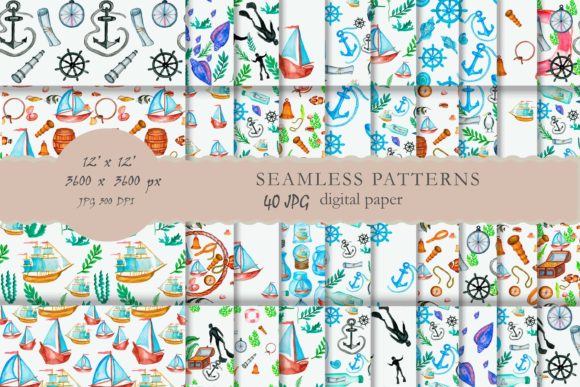 Watercolor Sea Boats Seamless Pattern & Illustrations